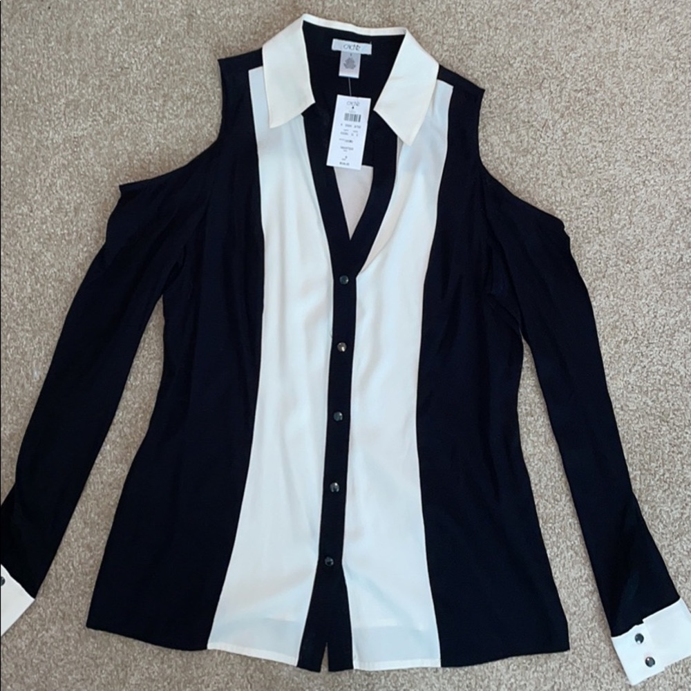 Black and White Open Shoulder Top from Cache